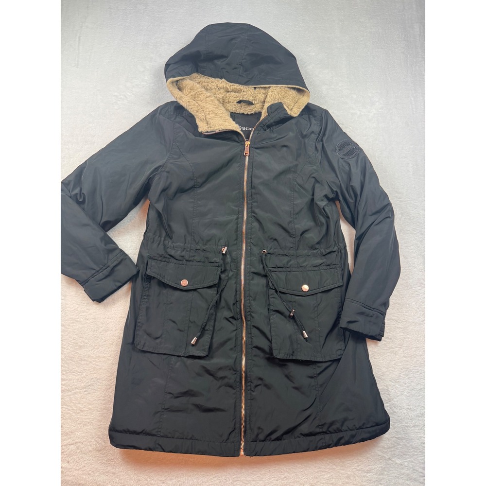 Bebe Black Hooded Parka Jacket Faux Fur Lined Rose Gold Zip Longline Coat Small